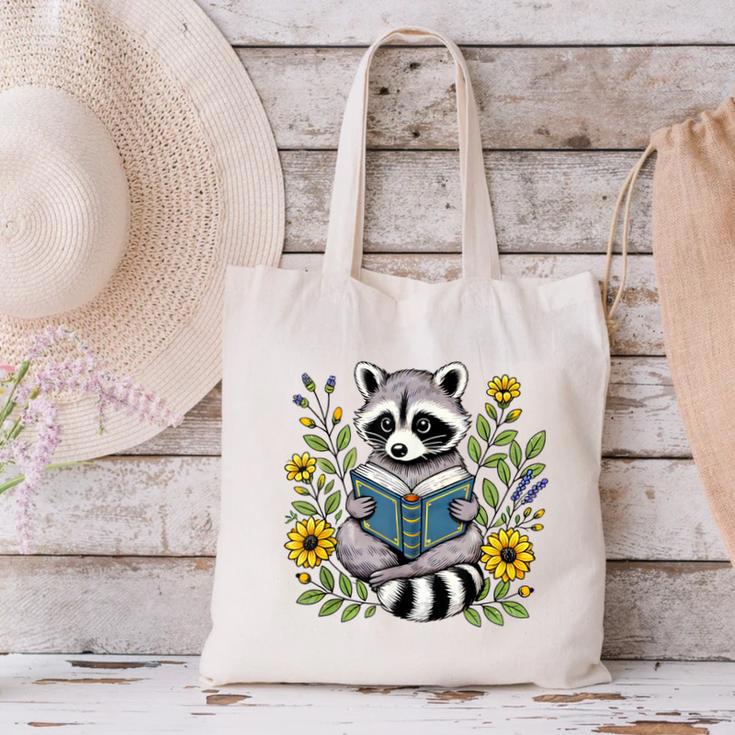 Cute Raccoon Reading Book Flowers Canvas Tote Bag