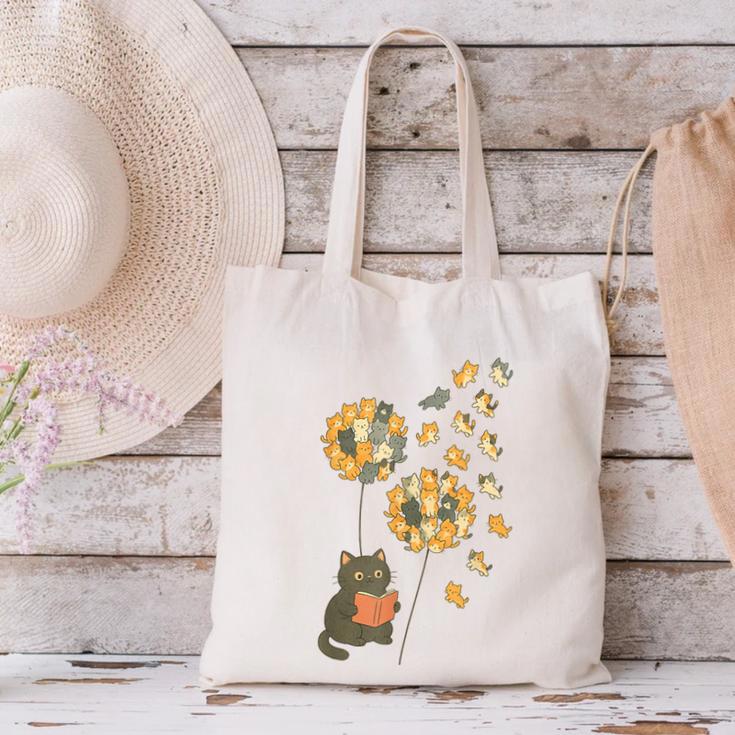 Cute Reading Cat With Kitten Dandelion Flowers Book Lover Canvas Tote Bag Cute Reading Cat With Kitten Dandelion Flowers Book Lover Canvas Tote Bag