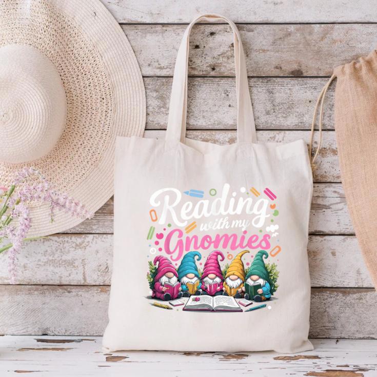 Cute Reading With My Gnomies Gnome Book Bookworm Lover Canvas Tote Bag