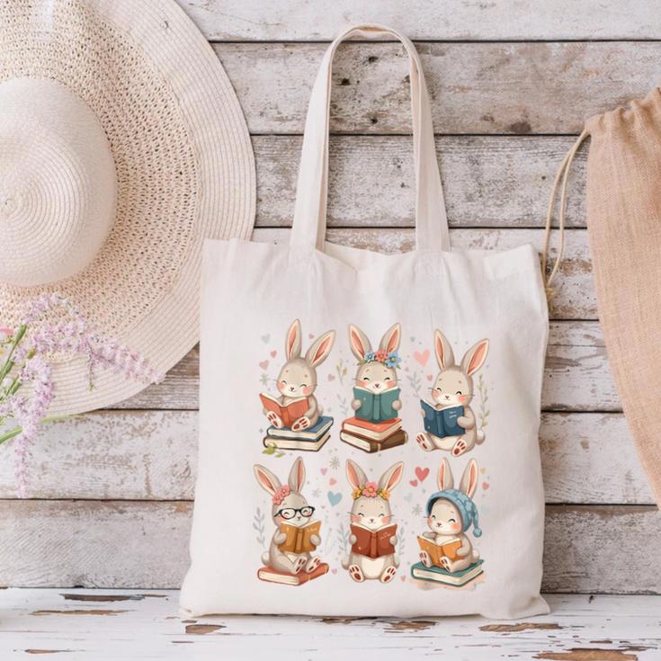 Cute Teacher Bunny Rabbit Reading Easter Bunnies Book Lovers Canvas Tote Bag
