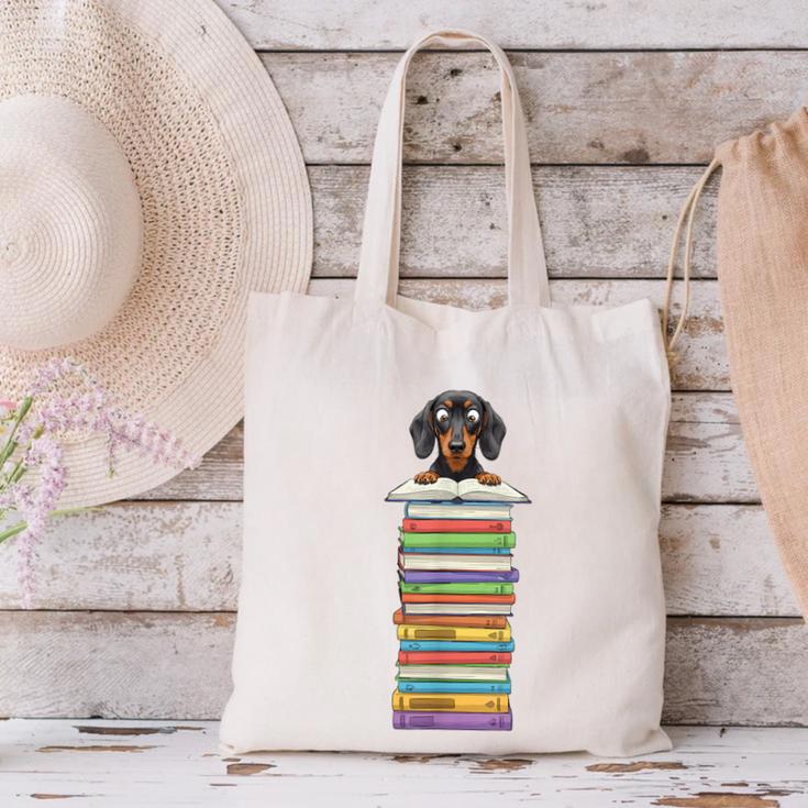 Cute Wiener Dog Dachshund Reading On Pile Of Books Canvas Tote Bag