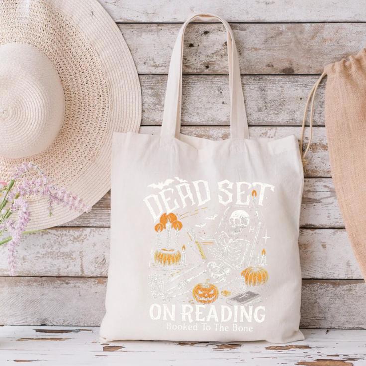 Dead Set On Reading Skeleton Halloween Book Lover Canvas Tote Bag