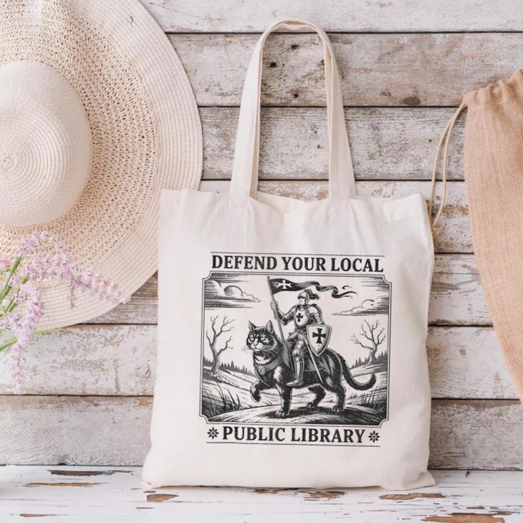 Defend Your Local Public Library Cat Knight Book Lover Canvas Tote Bag