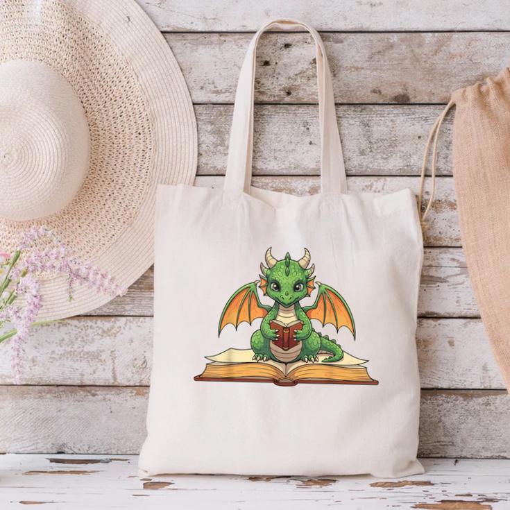 Dragon Reading Book Bookworm Canvas Tote Bag