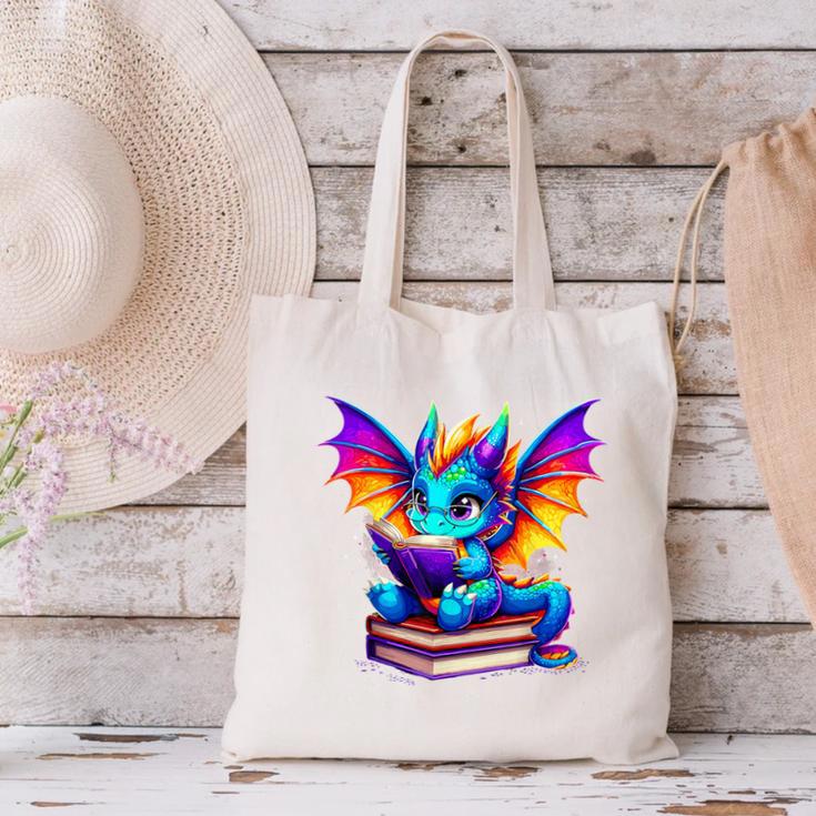 Dragon Reading a Book Bookworm Book Canvas Tote Bag