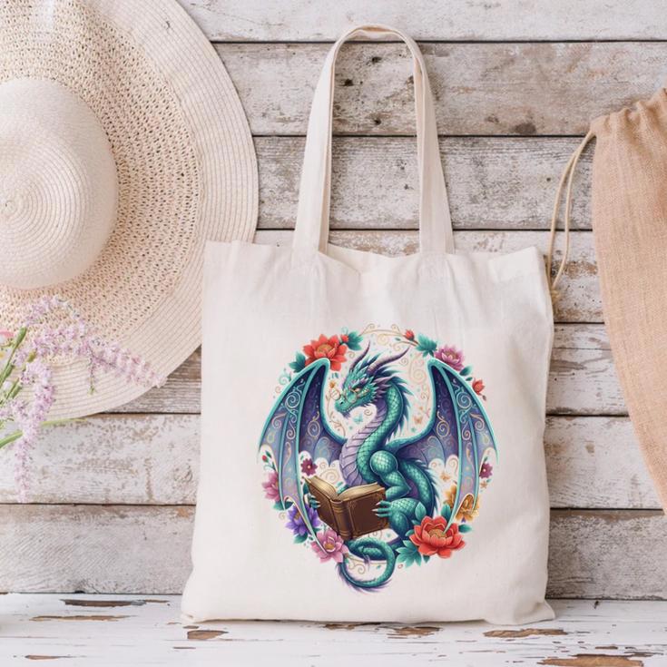 Dragon Reading Book Girls Kids Bookworm Book Lover Canvas Tote Bag