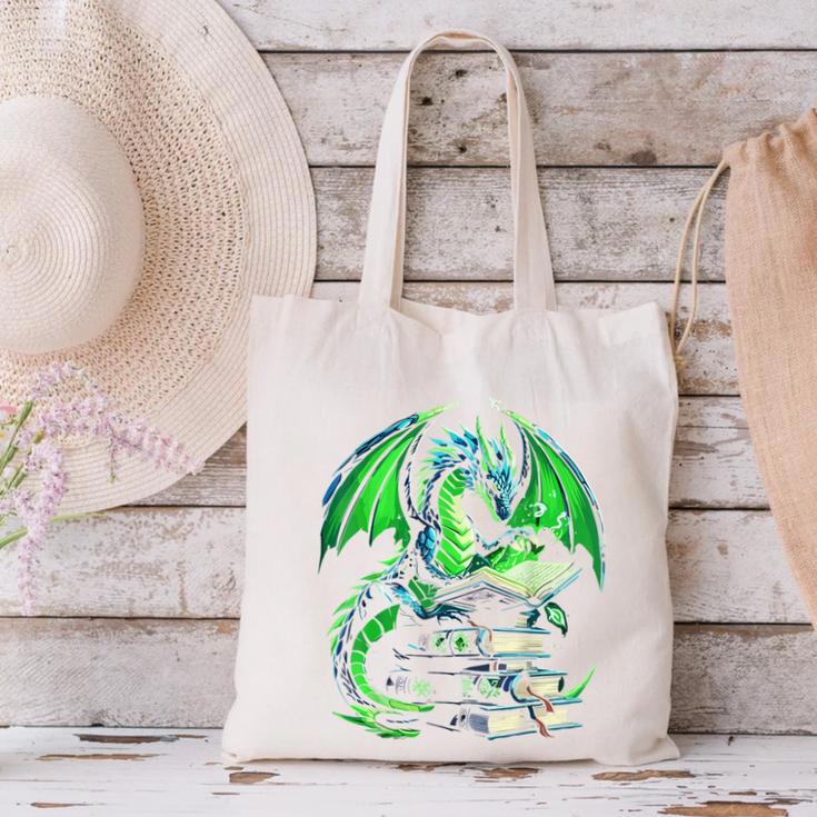 Dragon Reading Books Bookworm Canvas Tote Bag