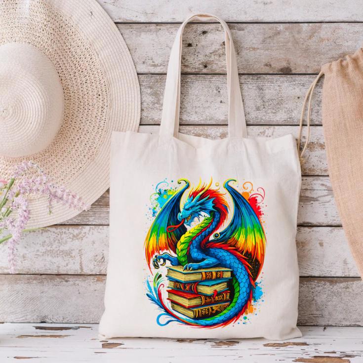 Dragon Reading Colorful Fantasy Book Lover Canvas Tote Bag