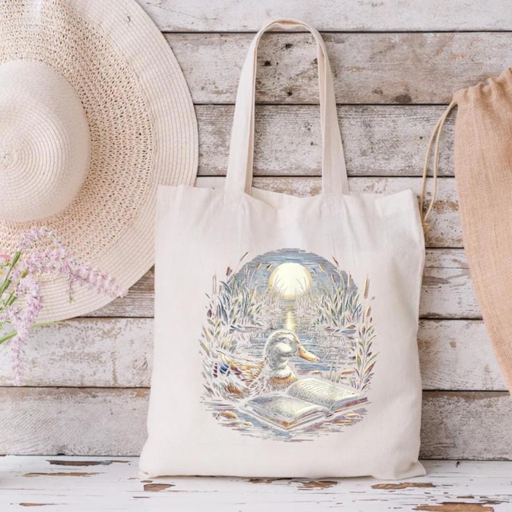 Duck Reading Book Full Moon Lake Scenery Canvas Tote Bag