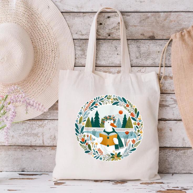 Duck Wilderness Book Reading Illustration Floral Canvas Tote Bag