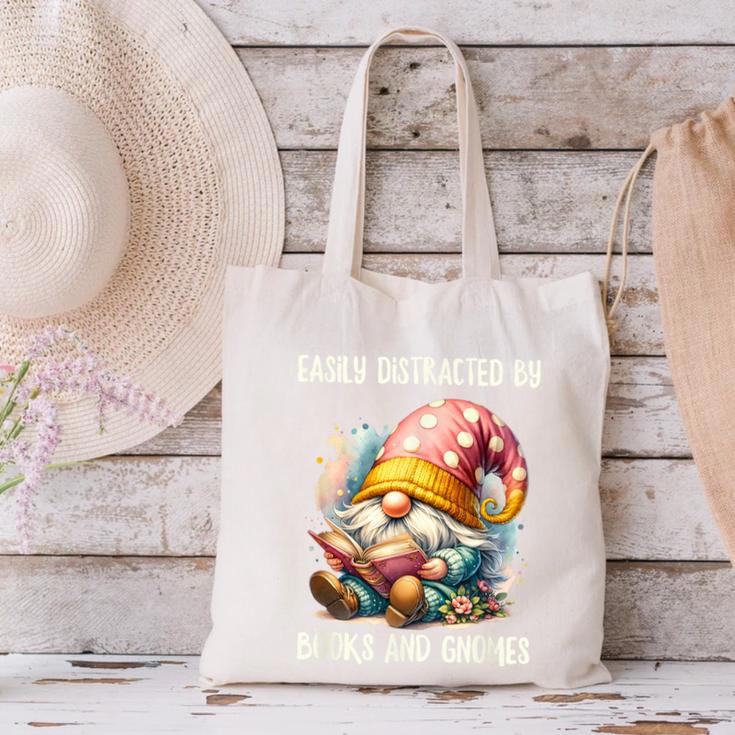 Easily Distracted By Books And Gnomes Book Reading Gnome Canvas Tote Bag