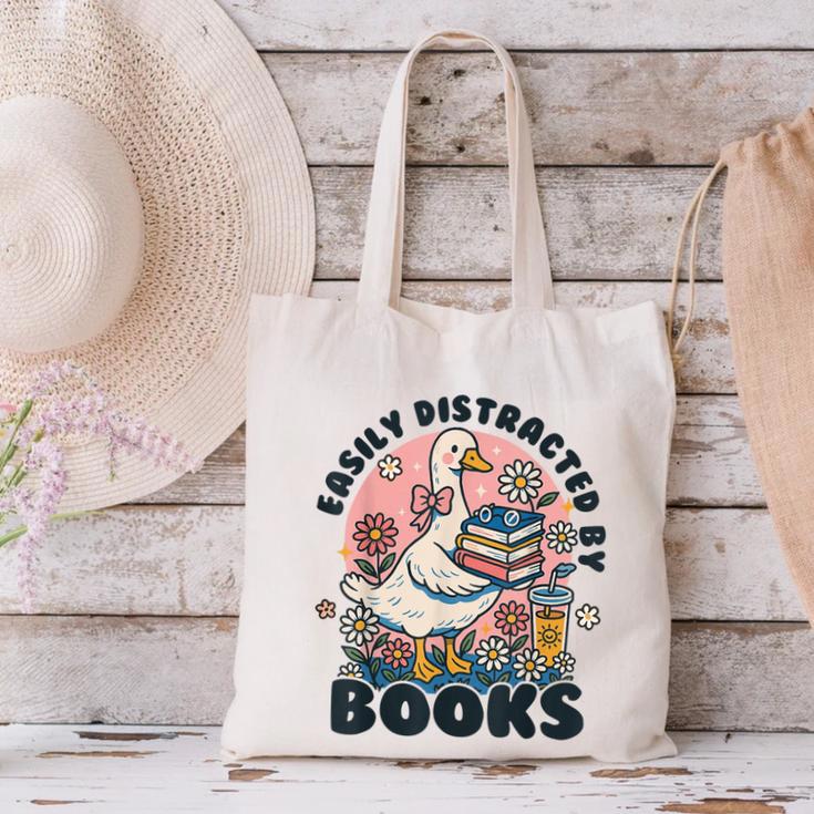 Easily Distracted By Books Read Goose Lover Bookworm Reading Canvas Tote Bag
