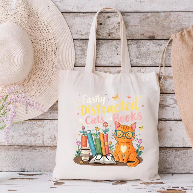 Easily Distracted By Cats And Books Book & Cat Lover Canvas Tote Bag