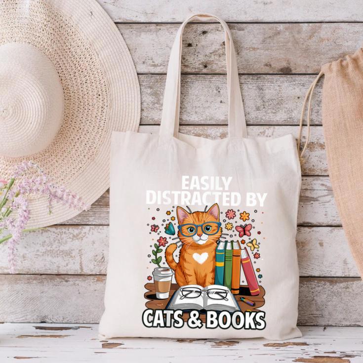 Easily Distracted By Cats And Books Book Lover Cat Canvas Tote Bag