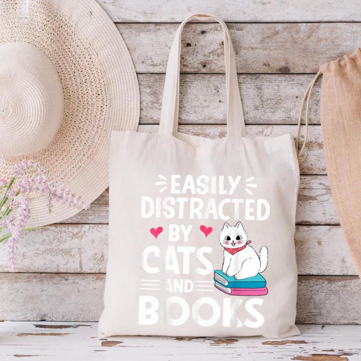 Easily Distracted By Cats And Books Cute Cat And Book Lovers Canvas Tote Bag
