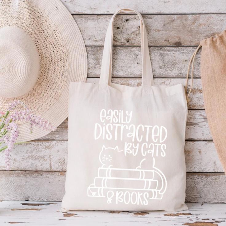 Easily Distracted By Cats And Books Reading Cat Canvas Tote Bag