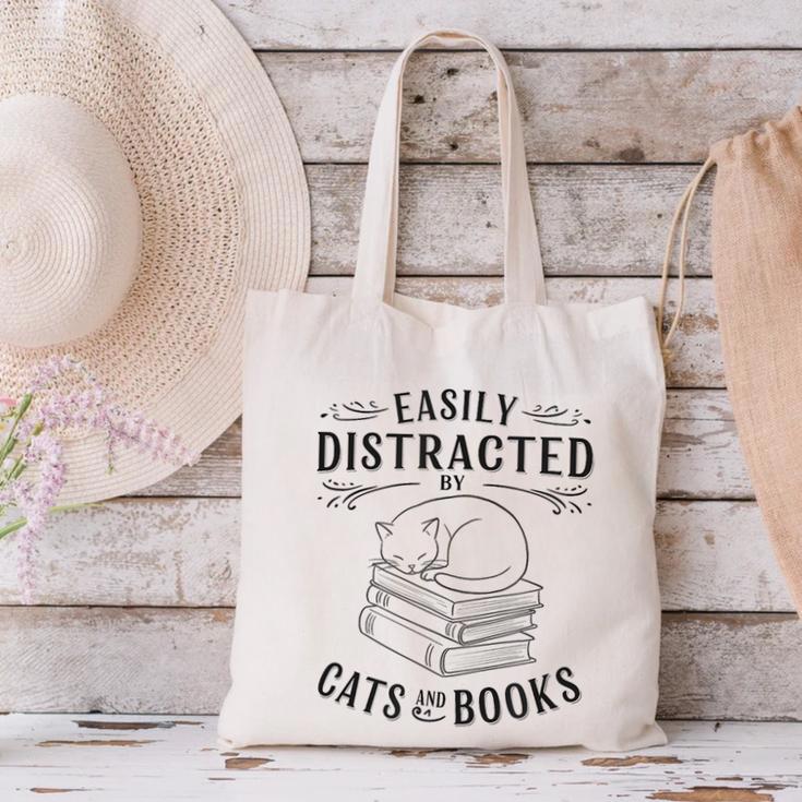 Easily Distracted By Cats And Books For Women Canvas Tote Bag