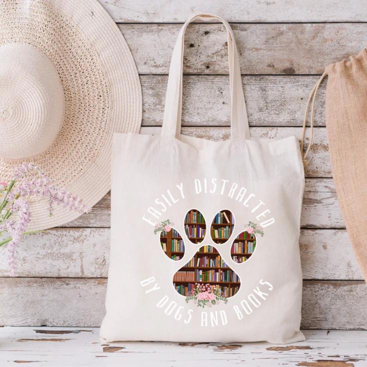 Easily Distracted By Dogs And Books Canvas Tote Bag
