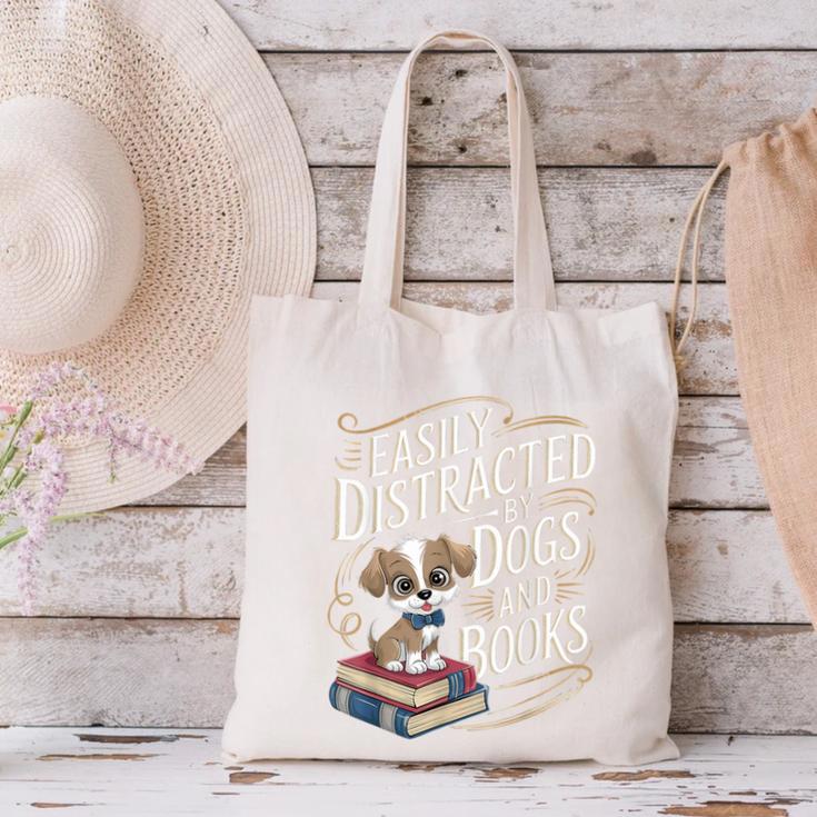 Easily Distracted By Dogs And Books Reader Animal Dog Canvas Tote Bag Easily Distracted By Dogs And Books Reader Animal Dog Canvas Tote Bag