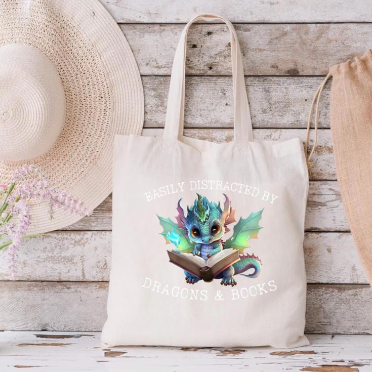 Easily Distracted By Dragon And Books Introvert Shirt Canvas Tote Bag Easily Distracted By Dragon And Books Introvert Shirt Canvas Tote Bag