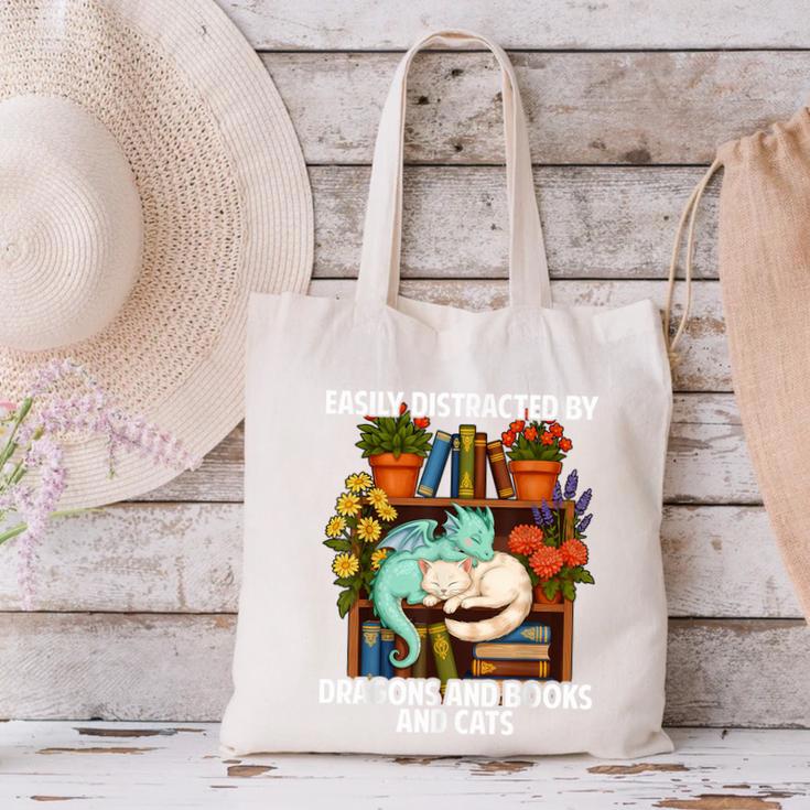 Easily Distracted By Dragons Books Cats Fantasy Book Lover Canvas Tote Bag
