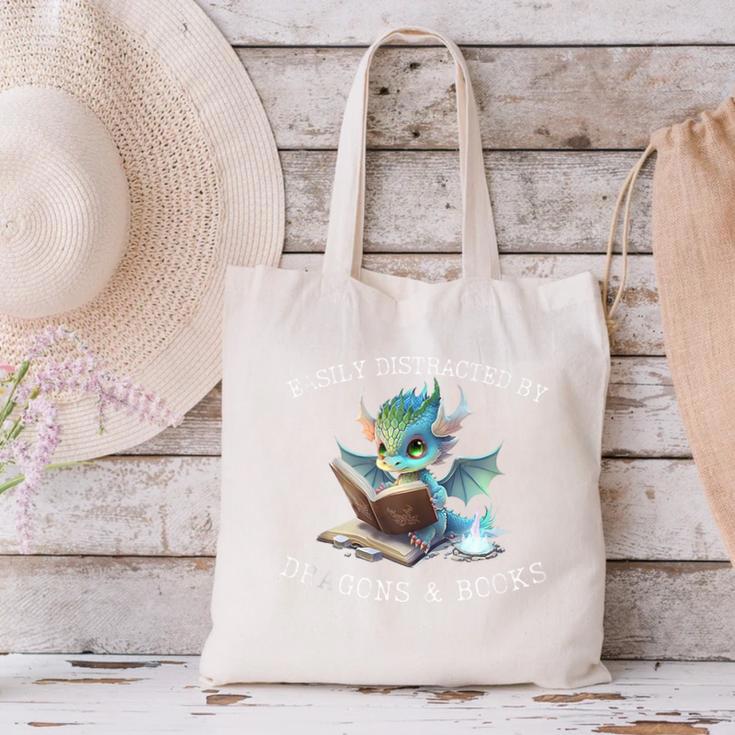 Easily Distracted By Dragons And Books Introvert Shirt Canvas Tote Bag Easily Distracted By Dragons And Books Introvert Shirt Canvas Tote Bag