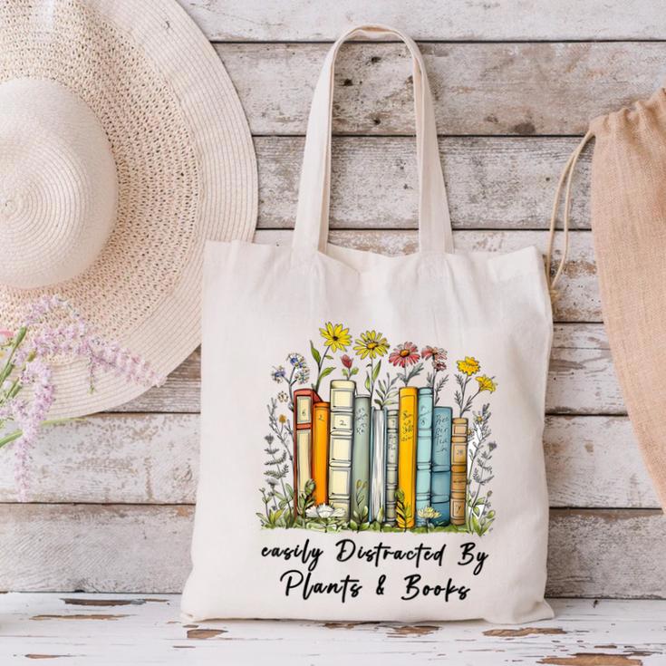 Easily Distracted By Plants And Books Bookworm Gardening Canvas Tote Bag
