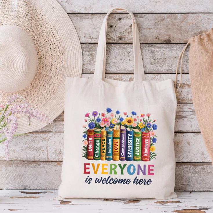 Everyone Is Welcome Here Floral Book LGBT Pride Equality Canvas Tote Bag