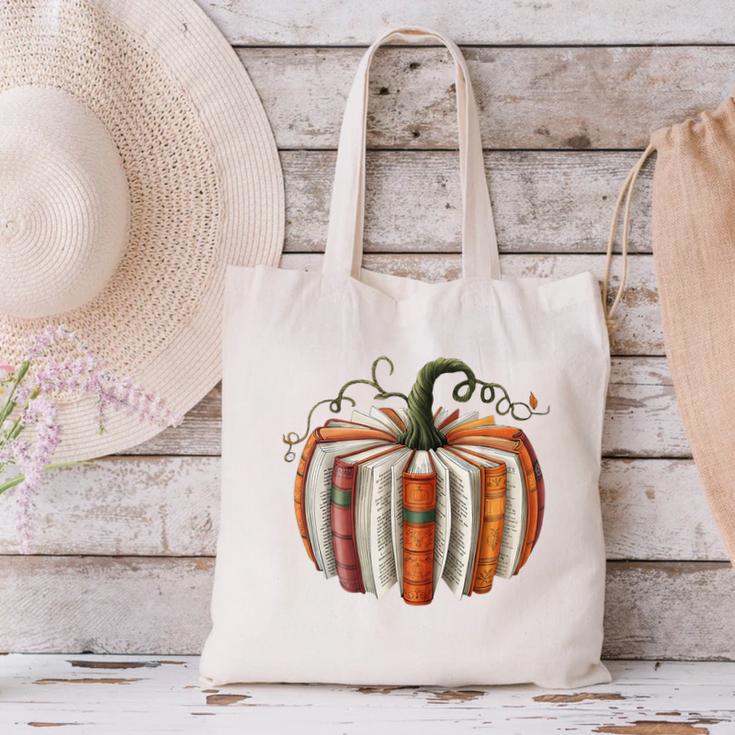 Fall Book Pumpkin Halloween Teacher Librarian Thanksgiving Canvas Tote Bag
