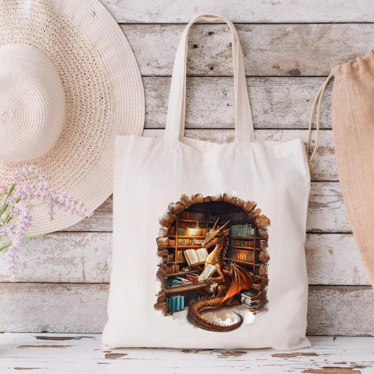 Fantasy Dragon Reading Book Lover Canvas Tote Bag Fantasy Dragon Reading Book Lover Canvas Tote Bag