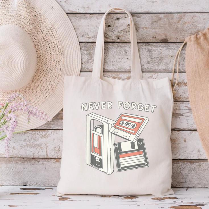 Never Forget VHS Tape Cassette Floppy Disk Nostalgia 80s 90s Canvas Tote Bag