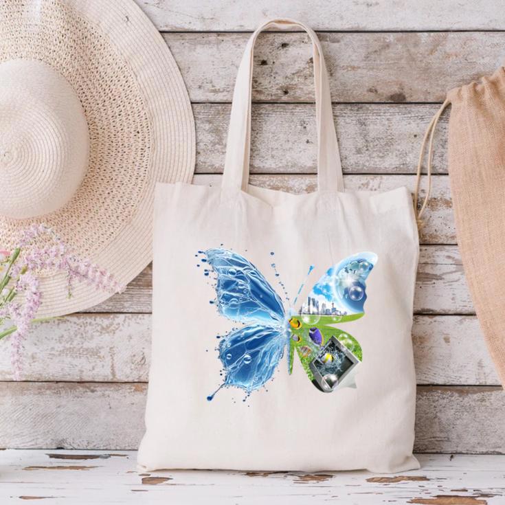 Frutiger Aero Aesthetic Butterfly Computer Fishes Scenery Canvas Tote Bag