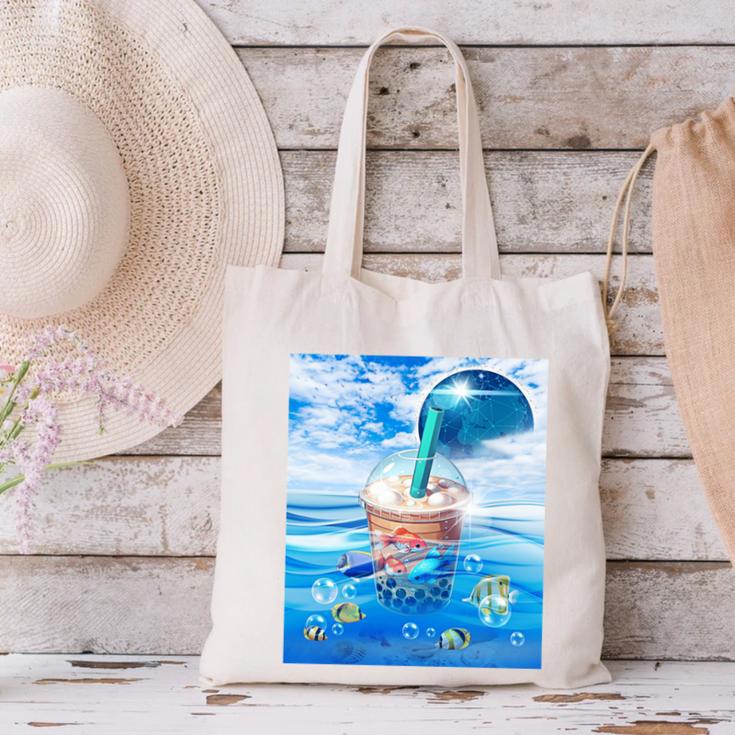 Frutiger Aero Aesthetic Tech Bubble Tea Boba Milktea Fishes Canvas Tote Bag Frutiger Aero Aesthetic Tech Bubble Tea Boba Milktea Fishes Canvas Tote Bag