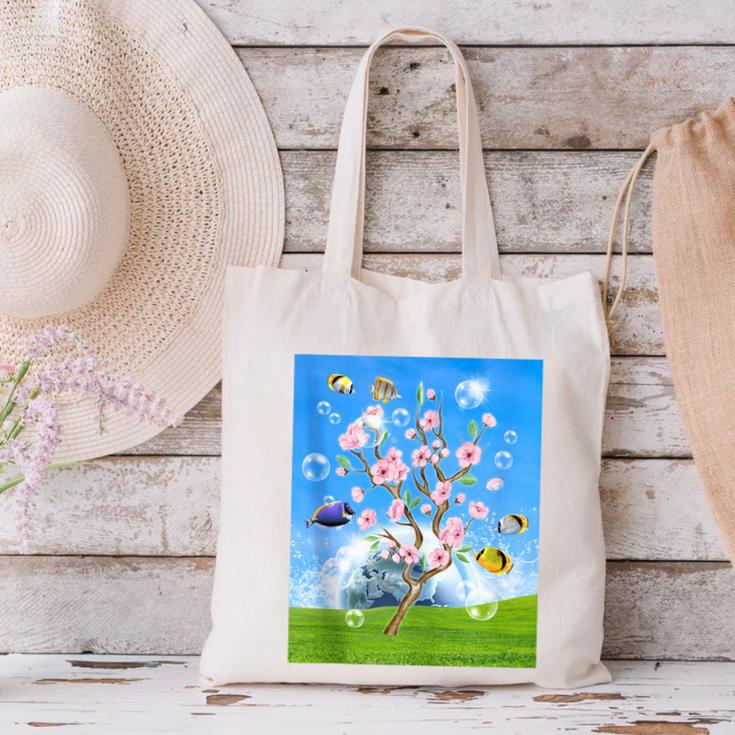 Frutiger Aero Aesthetic Tech Cherry Blossom Fishes Bubbles Canvas Tote Bag