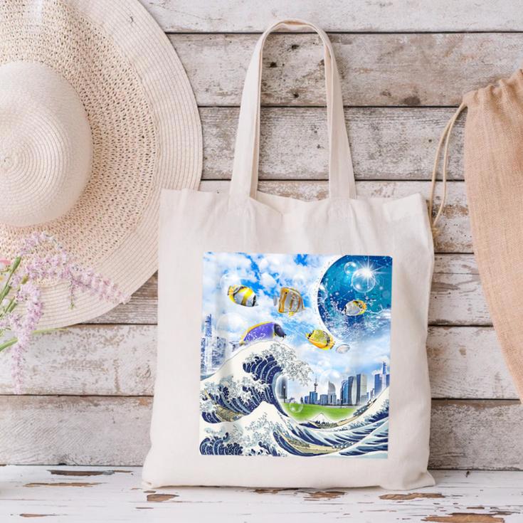Frutiger Aero Aesthetic Tech Great Wave Of Kanagawa Fishes Canvas Tote Bag