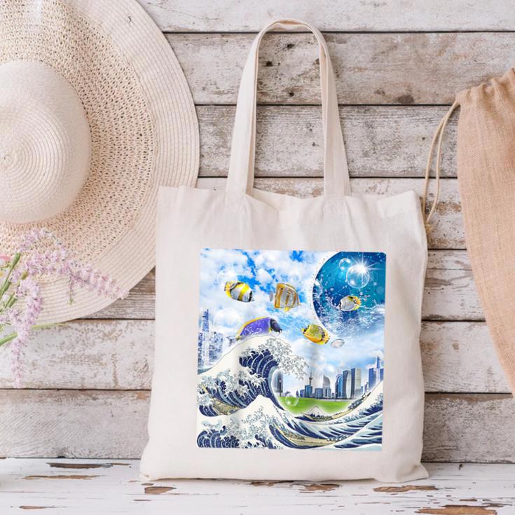 Frutiger Aero Aesthetic Tech Great Wave Of Kanagawa Fishes Raglan Baseball Tee Canvas Tote Bag