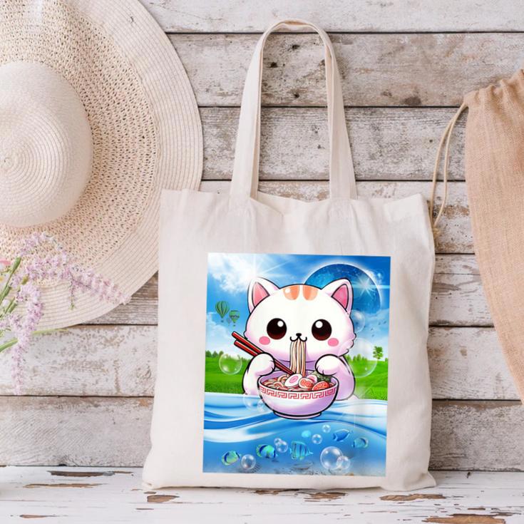 Frutiger Aero Aesthetic Tech Kawaii Ramen Cat Fishes Canvas Tote Bag