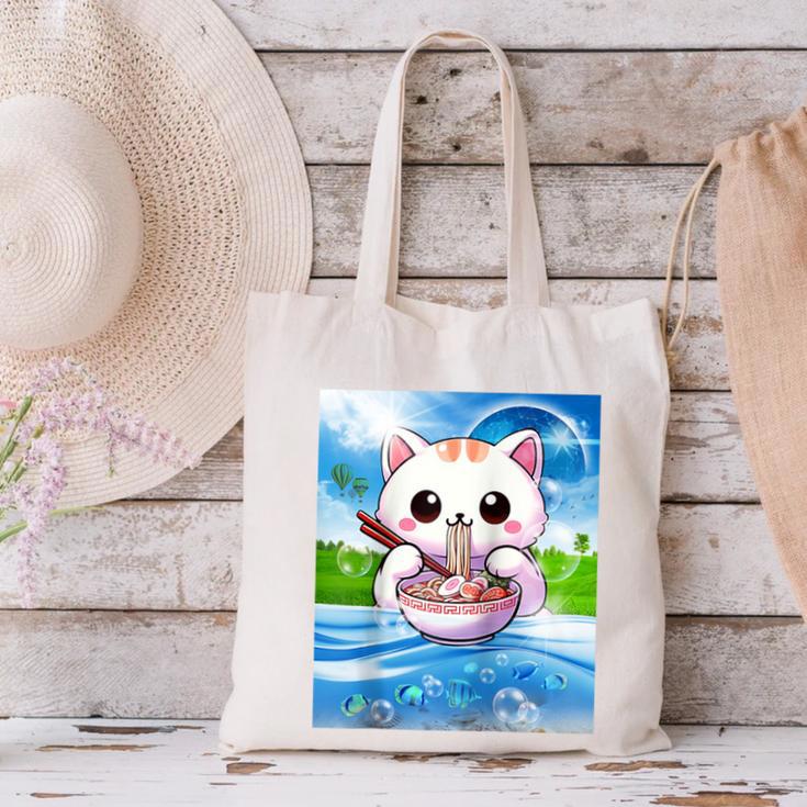 Frutiger Aero Aesthetic Tech Kawaii Ramen Cat Fishes Raglan Baseball Tee Canvas Tote Bag