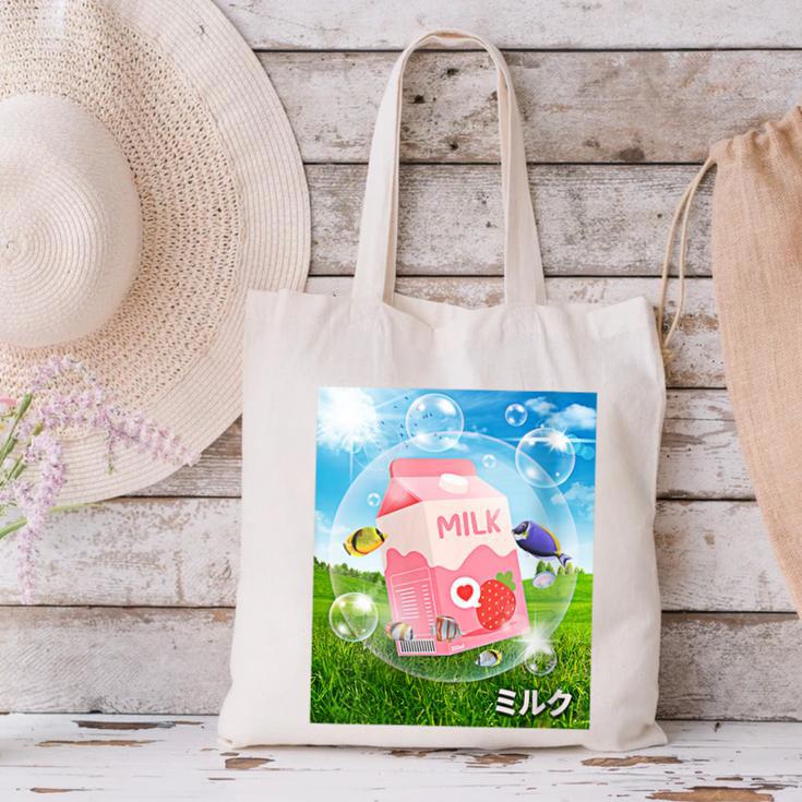 Frutiger Aero Aesthetic Tech Kawaii Strawberry Milk Fishes Canvas Tote Bag