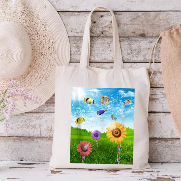 Frutiger Aero Aesthetic Tech Scenery Fishes Sunflower Canvas Tote Bag Frutiger Aero Aesthetic Tech Scenery Fishes Sunflower Canvas Tote Bag