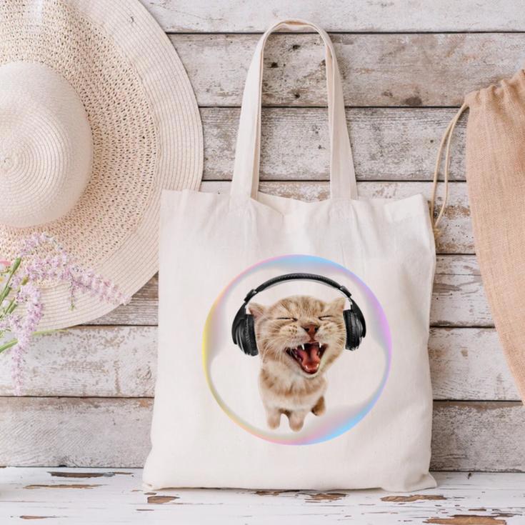 Frutiger Aero Cat Wearing Headphones Bubble 2000s Gen-Z Meme Canvas Tote Bag Frutiger Aero Cat Wearing Headphones Bubble 2000s Gen-Z Meme Canvas Tote Bag