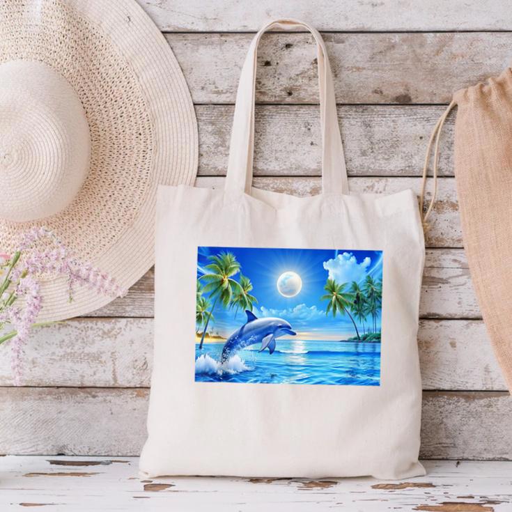 Frutiger Aero Dolphin Sunset Ocean With Palm Trees Y2k Canvas Tote Bag Frutiger Aero Dolphin Sunset Ocean With Palm Trees Y2k Canvas Tote Bag