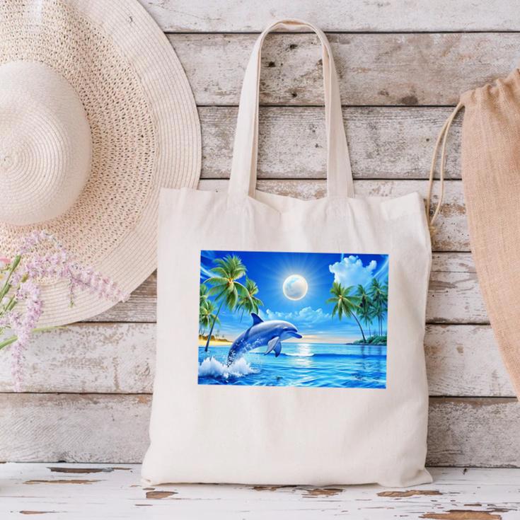 Frutiger Aero Dolphin Sunset Ocean With Palm Trees Y2k Premium Canvas Tote Bag Frutiger Aero Dolphin Sunset Ocean With Palm Trees Y2k Premium Canvas Tote Bag