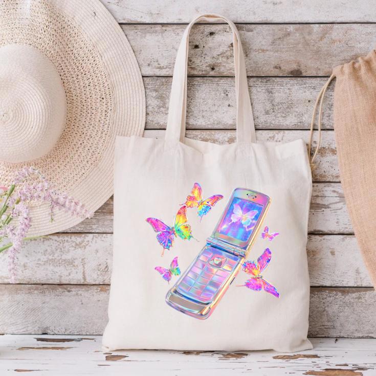 Frutiger Aero Y2K Chrome Phone Butterfly Canvas Tote Bag Frutiger Aero Y2K Chrome Phone Butterfly Canvas Tote Bag