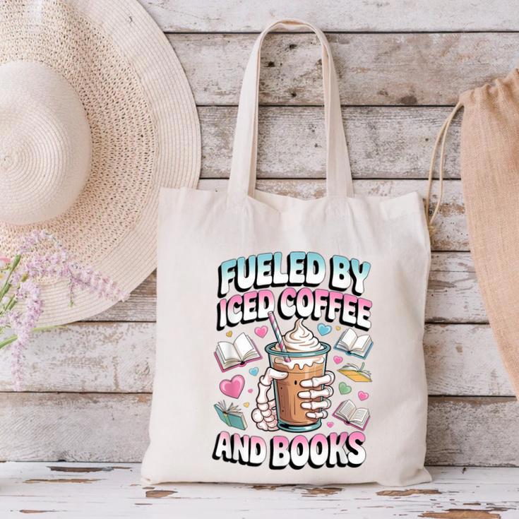 Fueled By Iced Coffee And Books Book Lover Retro Canvas Tote Bag