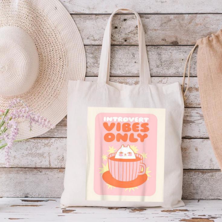Fun Cool Cute Introvert Cat Character Quote Tea Cup For Men Women Canvas Tote Bag Fun Cool Cute Introvert Cat Character Quote Tea Cup For Men Women Canvas Tote Bag