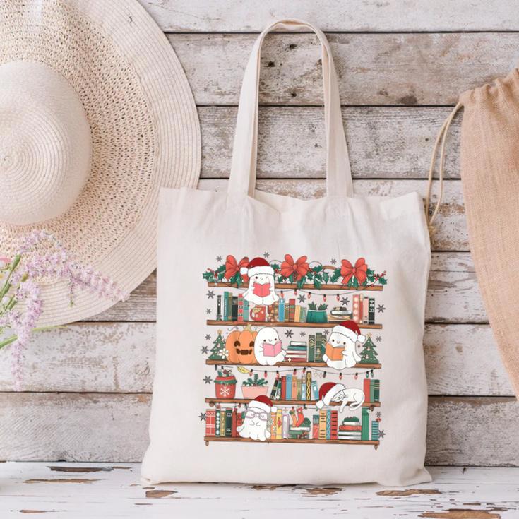 Ghost Christmas Reading Book Lover Library Christmas Teacher Canvas Tote Bag