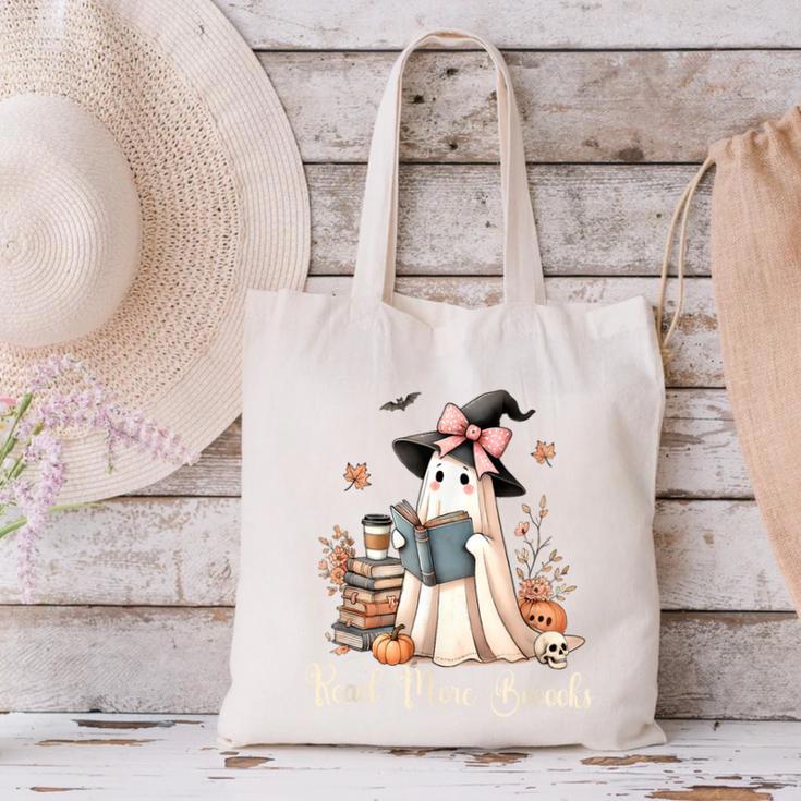 Ghost Reading Book Coquette Bow Halloween Girl Kid Teacher Canvas Tote Bag Ghost Reading Book Coquette Bow Halloween Girl Kid Teacher Canvas Tote Bag