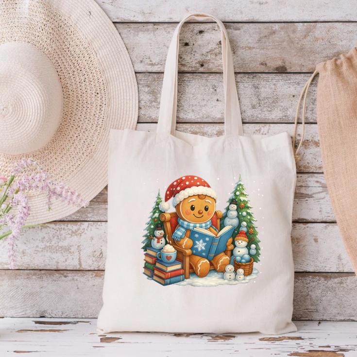 Gingerbread Reading Book Lovers Christmas Bookworm Librarian Canvas Tote Bag Gingerbread Reading Book Lovers Christmas Bookworm Librarian Canvas Tote Bag