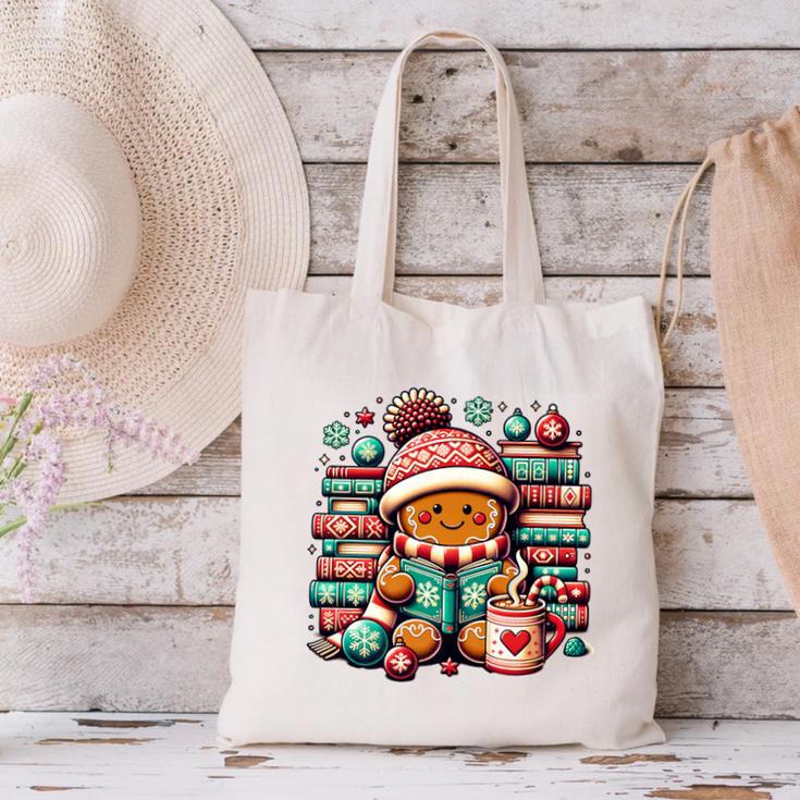 Gingerbread Reading Book Lovers Christmas Bookworm Librarian Premium Canvas Tote Bag